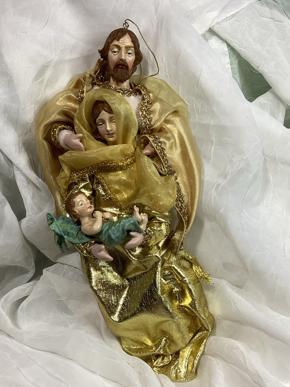 Beautiful Holy Family Fabric & Ceramic Painted Christmas Hanging Decoration